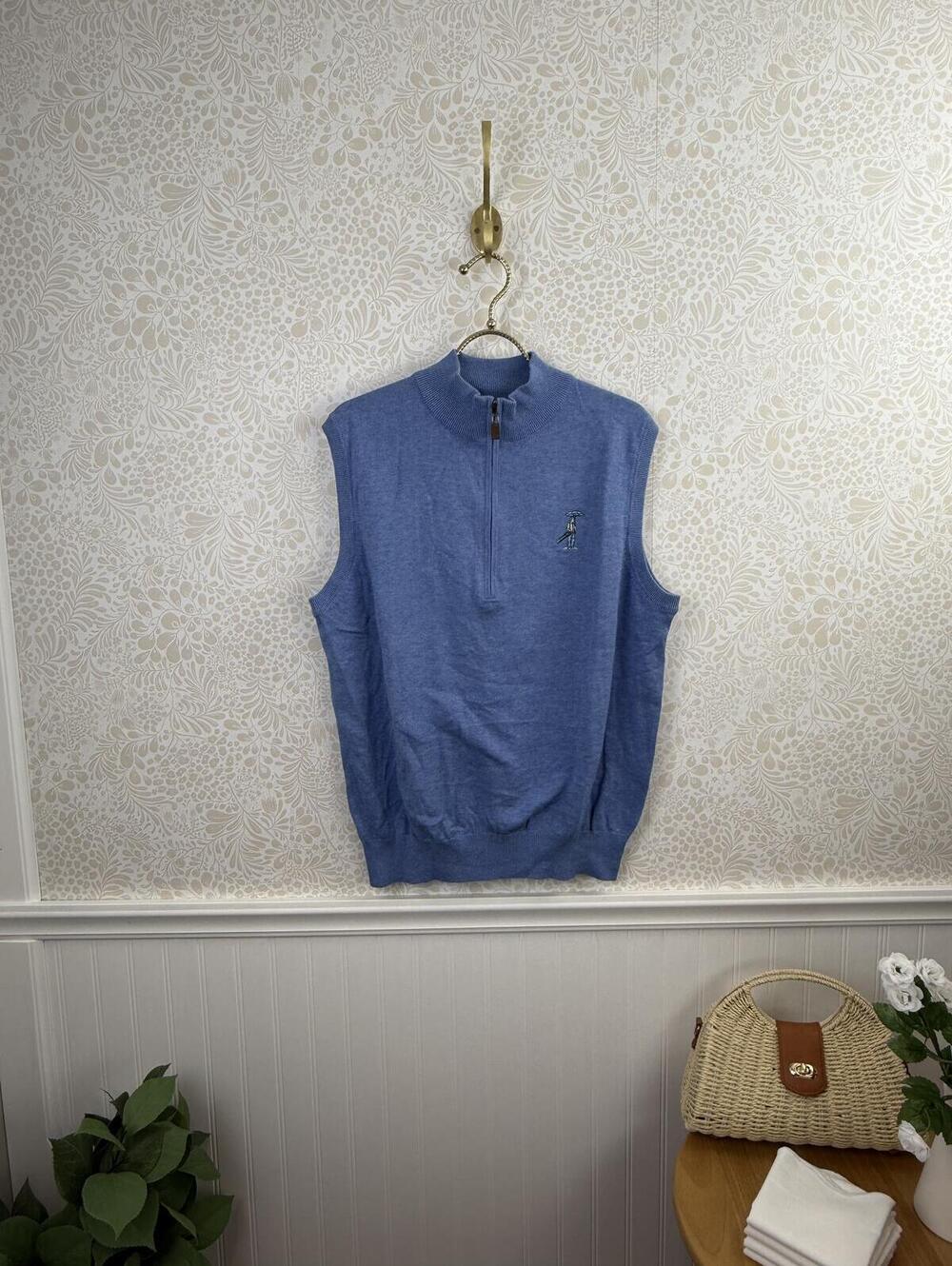 Turtleson Men's Blue Sleeveless Pima Cotton Half-Zip Sweater Vest - Size - Large